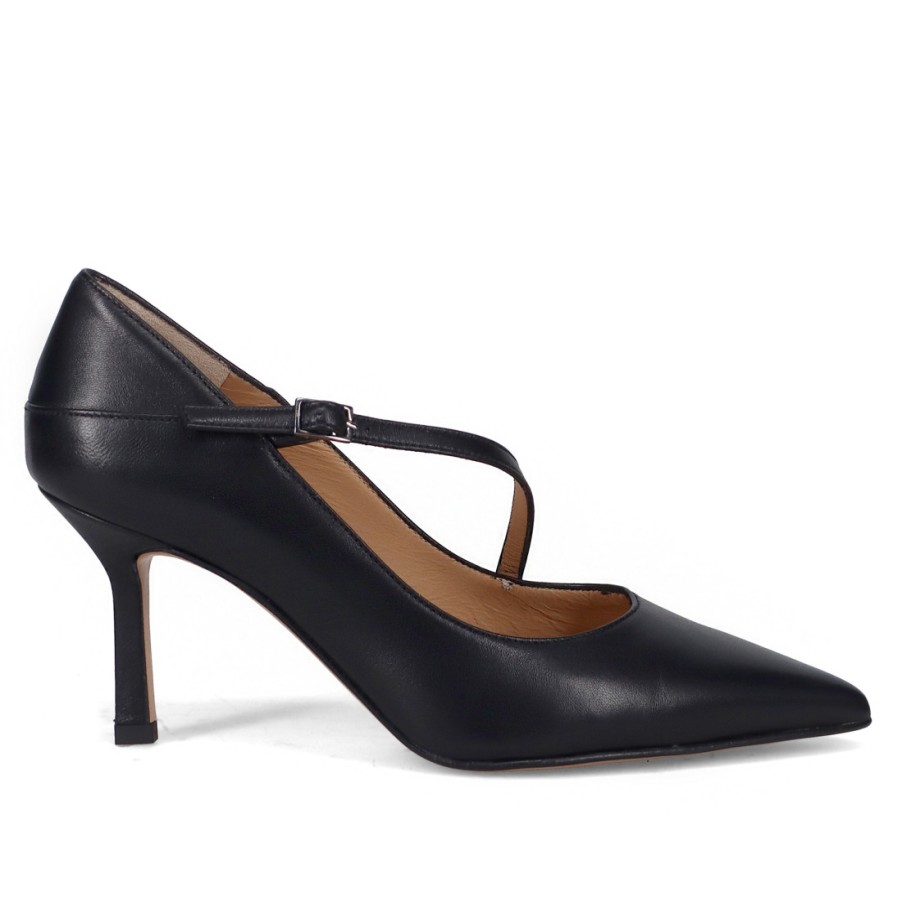 Frauen SANGIORGIO Pumps | Sangiorgio-Pumps Aus Schwarzem Leder Mit Diagonalem Riemen