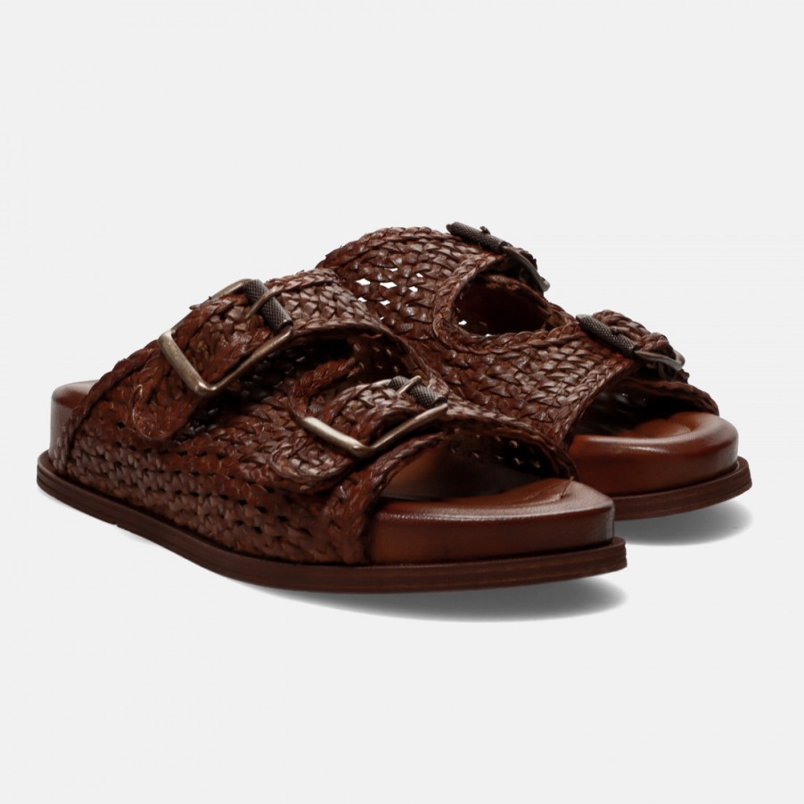 Frauen SANGIORGIO Sandalen | Zoe Pelago Slipper Aus Braunem Gewebtem Leder