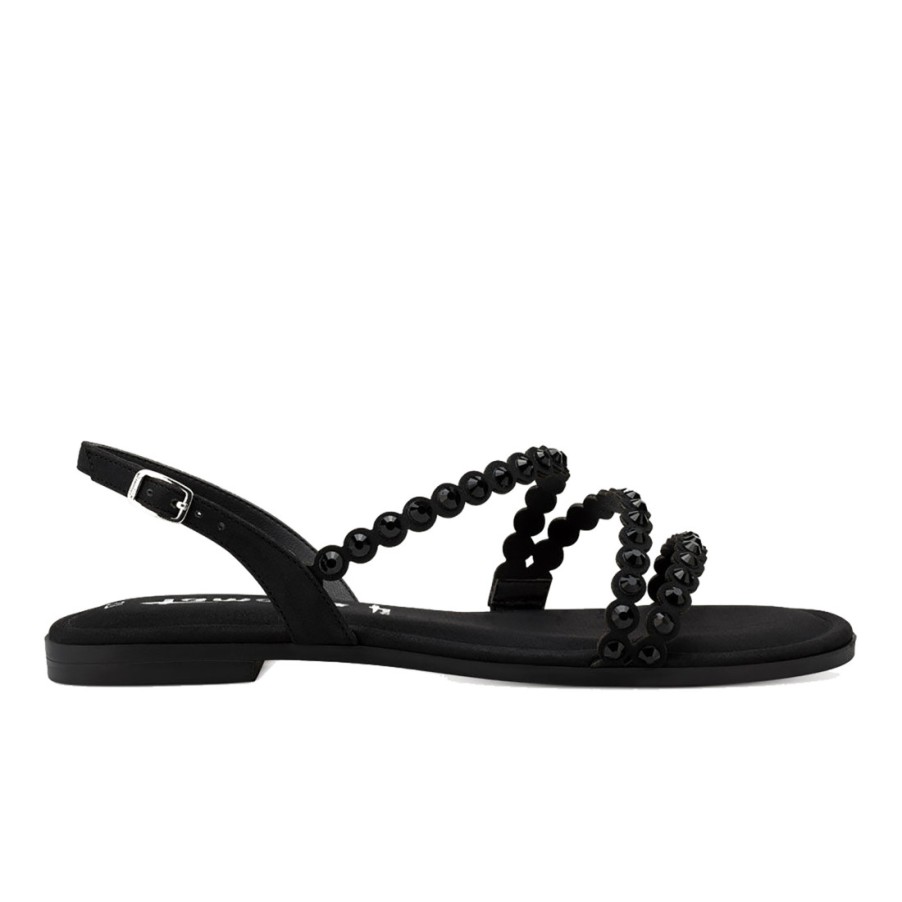 Frauen SANGIORGIO Sandalen | Schwarze Flache Sandale Von Tamaris Mit Riemen Und Strasssteinen