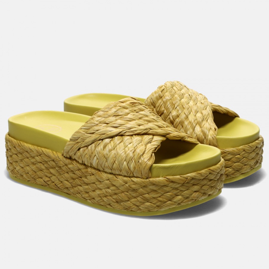 Frauen SANGIORGIO Sandalen | Ash Zen Yellow Plateau-Slipper Aus Gewebtem Raffiabast