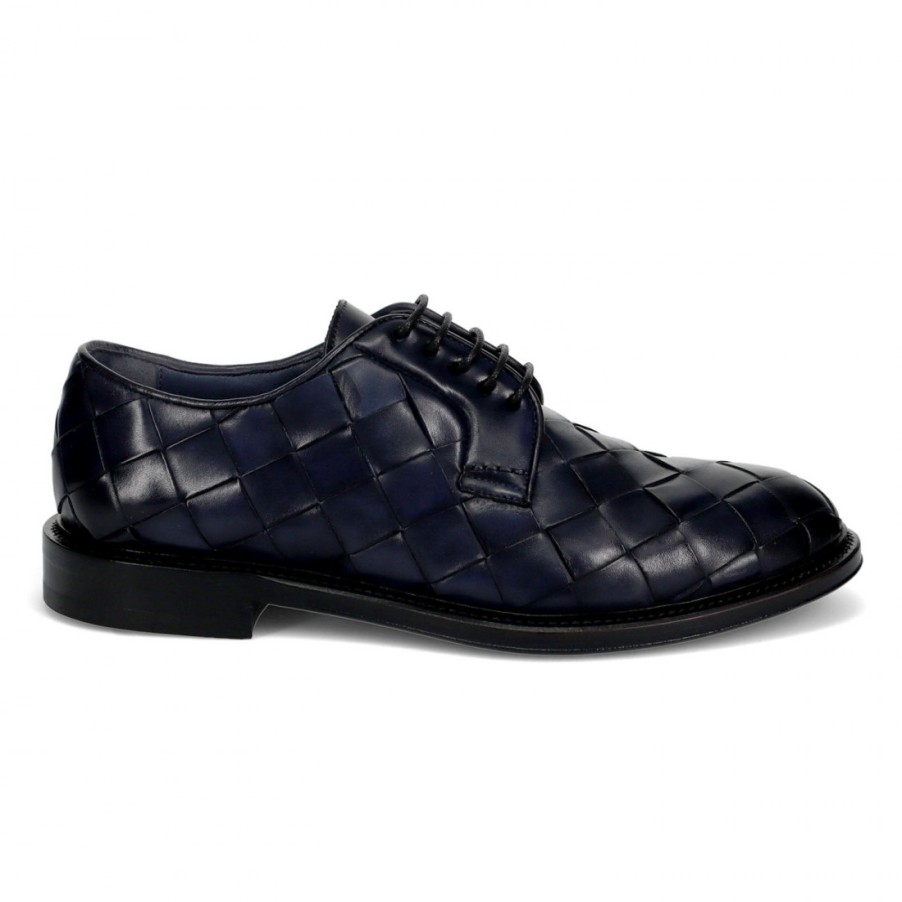 Manner SANGIORGIO Schnuren | John Weis-Blauer Derby-Schuh Aus Gewebtem Leder Von Brecos