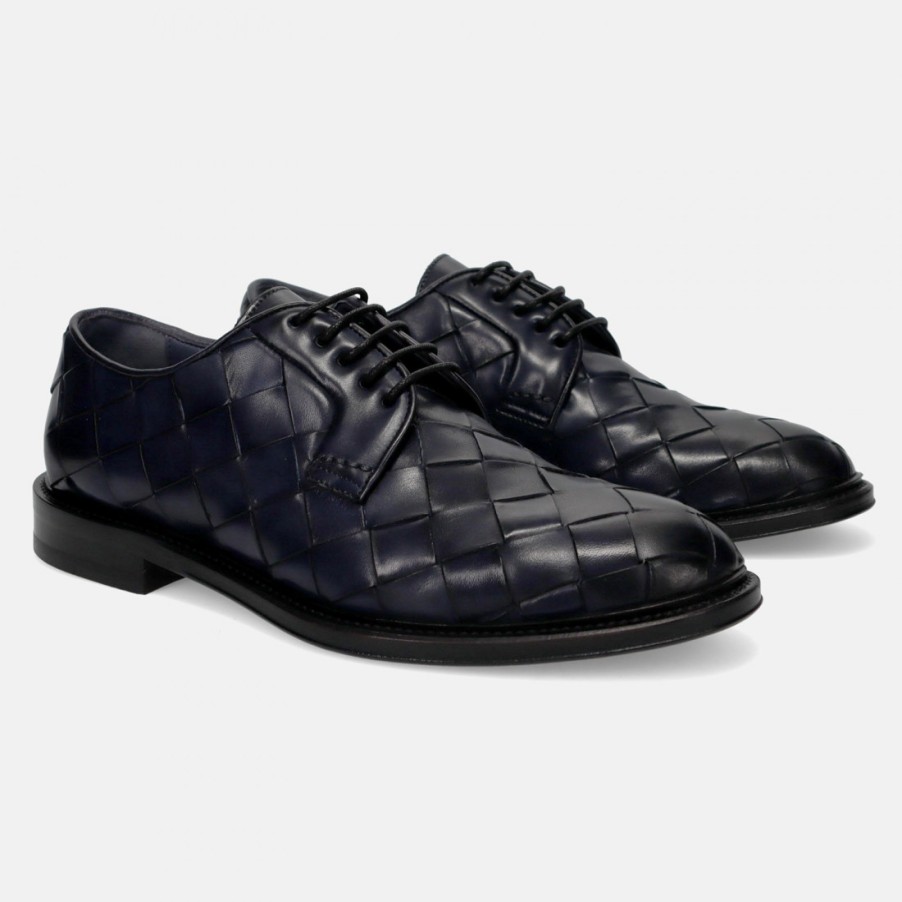 Manner SANGIORGIO Schnuren | John Weis-Blauer Derby-Schuh Aus Gewebtem Leder Von Brecos