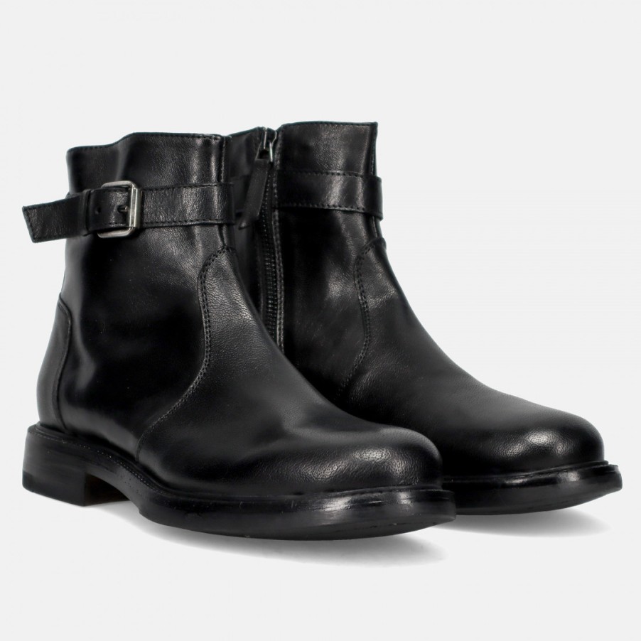 Manner SANGIORGIO Stiefeletten | Schwarze Herrenstiefelette Vicolo 8 Aus Leder Mit Schnalle