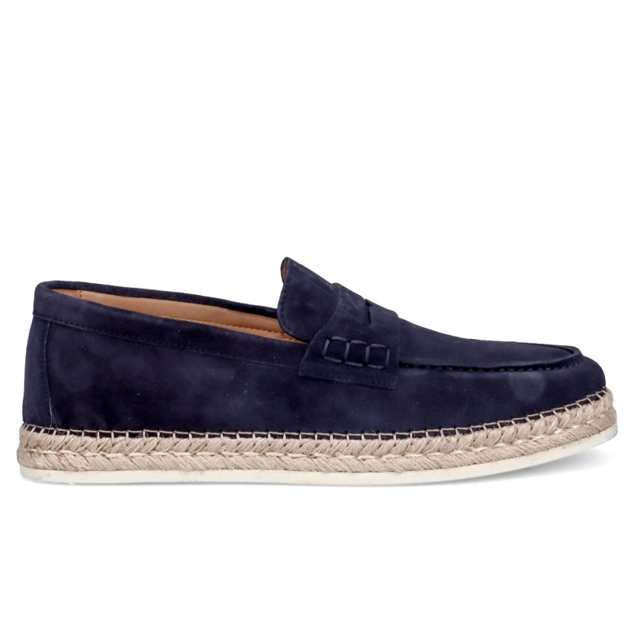 Manner SANGIORGIO Slipper | Rossano Bisconti Mokassin Aus Blauem Wildleder Mit Seilrahmen