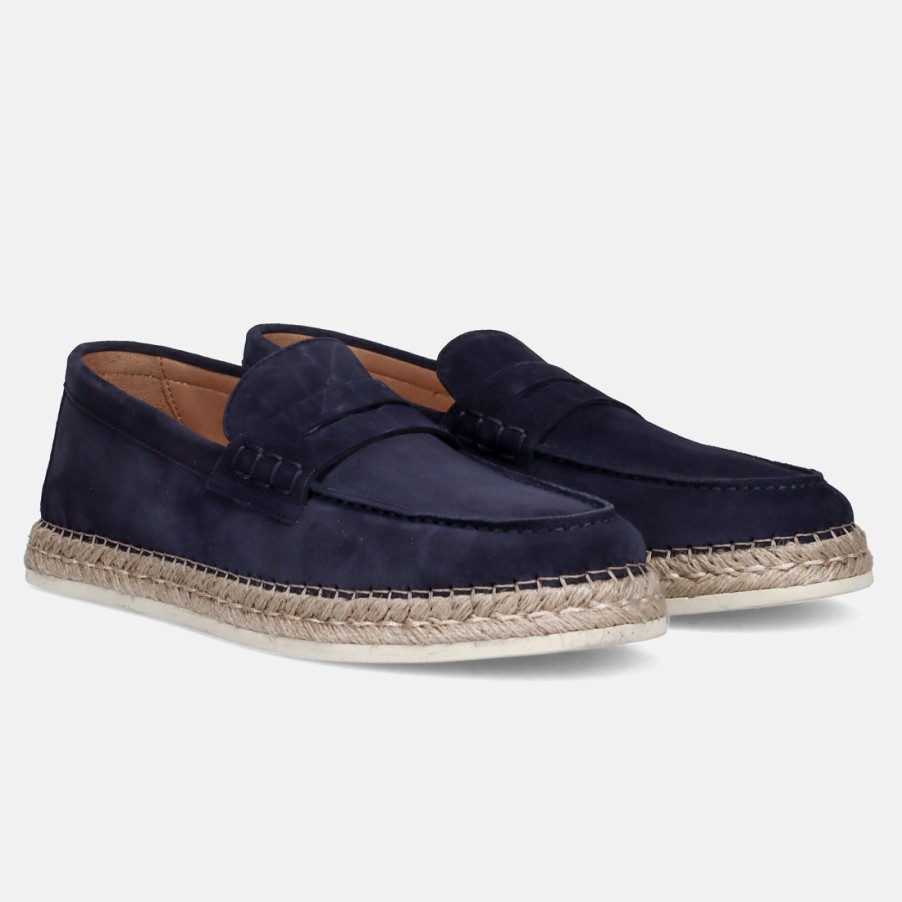 Manner SANGIORGIO Slipper | Rossano Bisconti Mokassin Aus Blauem Wildleder Mit Seilrahmen