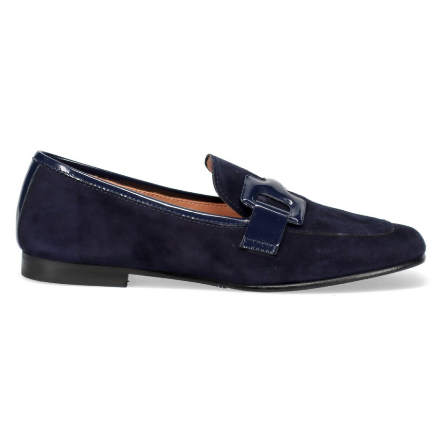 Frauen SANGIORGIO Slipper | Sangiorgio Damen-Loafer Aus Blauem Wildleder Mit Lacklederdetails