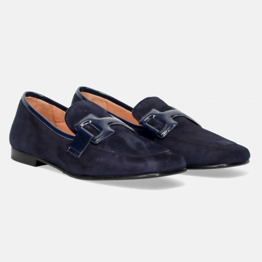 Frauen SANGIORGIO Slipper | Sangiorgio Damen-Loafer Aus Blauem Wildleder Mit Lacklederdetails