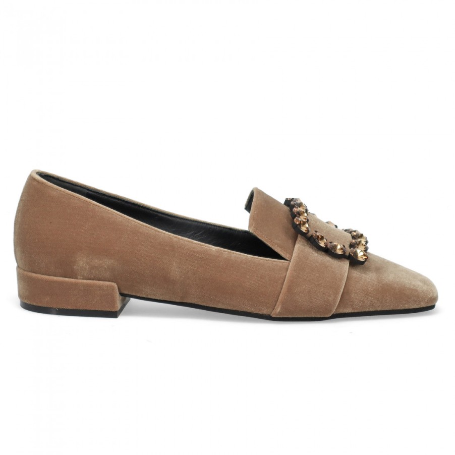 Frauen SANGIORGIO Slipper | Eleganter Roberto Festa Felisa Taupe-Samt-Loafer Mit Strasssteinen