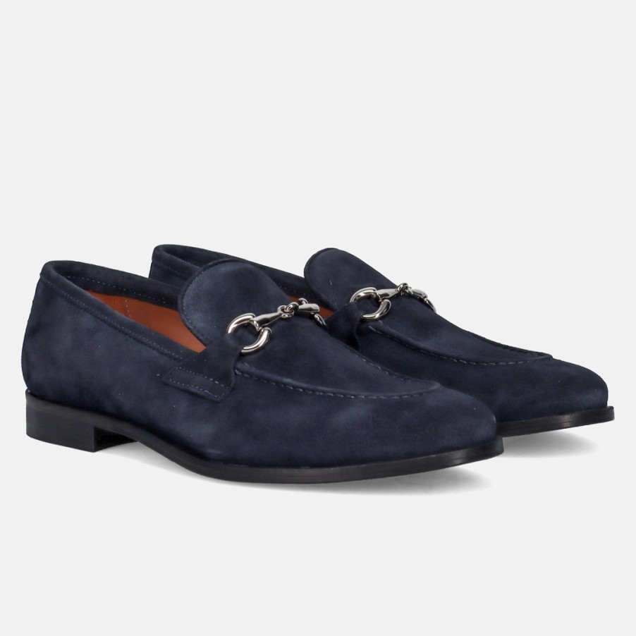 Manner SANGIORGIO Slipper | Sangiorgio Herren-Mokassin Aus Blauem Wildleder Mit Horsebit