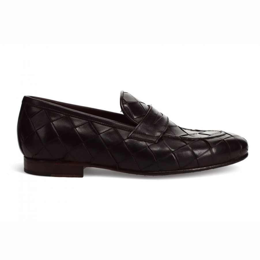 Manner SANGIORGIO Slipper | Sangiorgio-Loafer Aus Dunkelbraunem, Gewebtem Leder