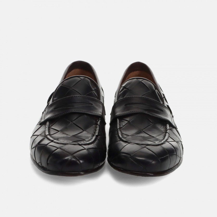 Manner SANGIORGIO Slipper | Sangiorgio-Loafer Aus Dunkelbraunem, Gewebtem Leder