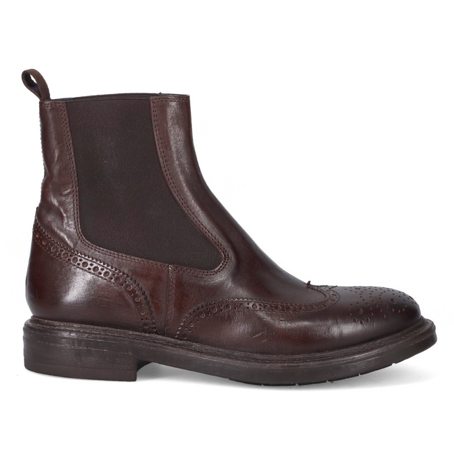 Manner SANGIORGIO Stiefeletten | Moma Chelsea-Brogue-Stiefel Aus Dunkelbraunem Leder