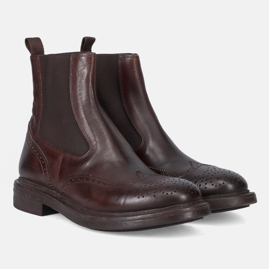 Manner SANGIORGIO Stiefeletten | Moma Chelsea-Brogue-Stiefel Aus Dunkelbraunem Leder