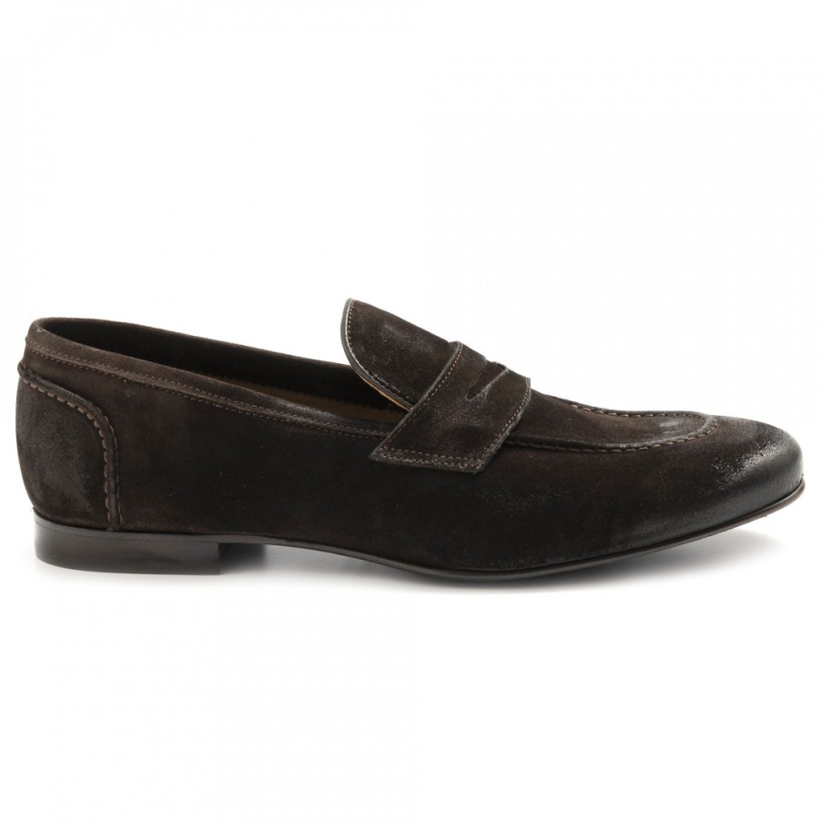 Manner SANGIORGIO Slipper | Sangiorgio-Mokassins Fur Herren Aus Braunem, Gewachstem Wildleder