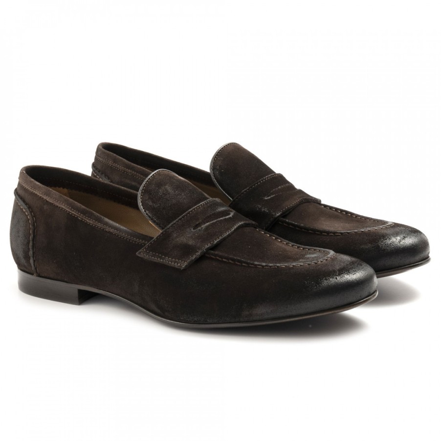 Manner SANGIORGIO Slipper | Sangiorgio-Mokassins Fur Herren Aus Braunem, Gewachstem Wildleder