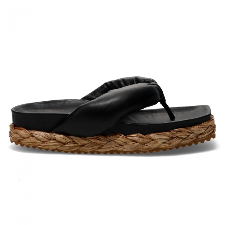 Frauen SANGIORGIO Sandalen | Equitare Jasia Schwarzer Flip-Flop Mit Strohsohle