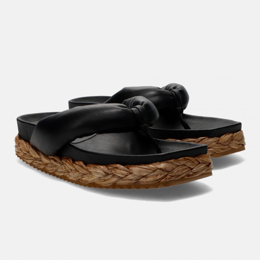 Frauen SANGIORGIO Sandalen | Equitare Jasia Schwarzer Flip-Flop Mit Strohsohle