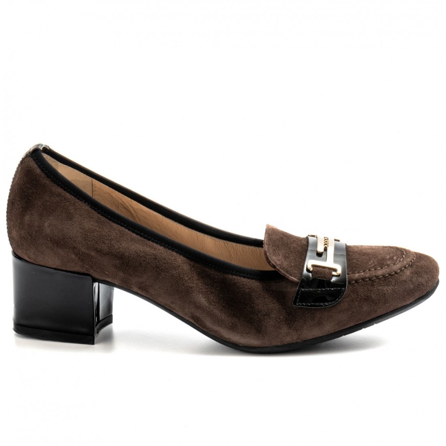 Frauen SANGIORGIO Slipper | Sangiorgio Brown Wildleder Damen Mokassin Mit Absatz