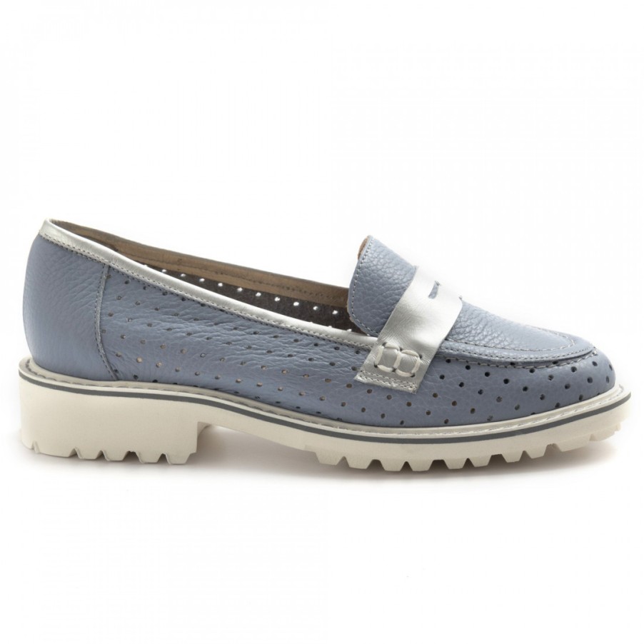 Frauen SANGIORGIO Slipper | Sangiorgio Damen-Mokassin Aus Hellblauem, Perforiertem, Weichem Leder