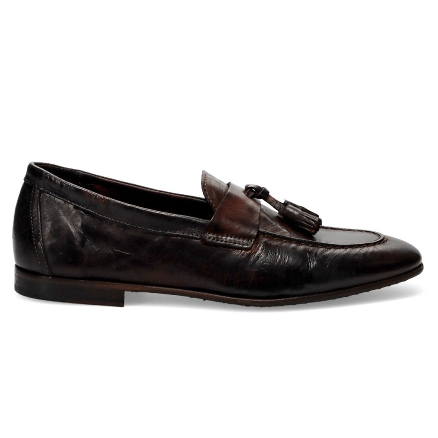 Manner SANGIORGIO Slipper | Pawelks Herren-Loafer Aus Dunkelbraunem Leder Mit Quasten