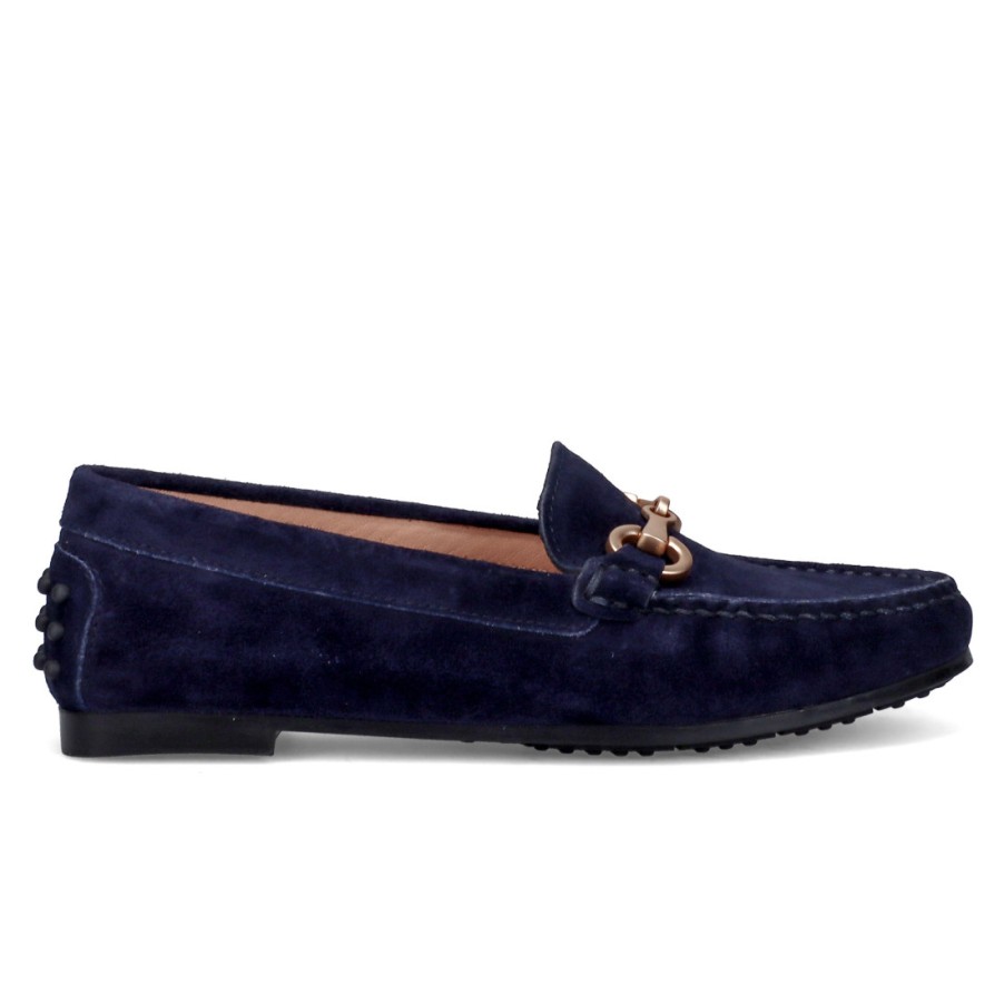 Frauen SANGIORGIO Slipper | Rossano Bisconti Damen-Mokassins Aus Blauem Wildleder Mit Goldener Klammer