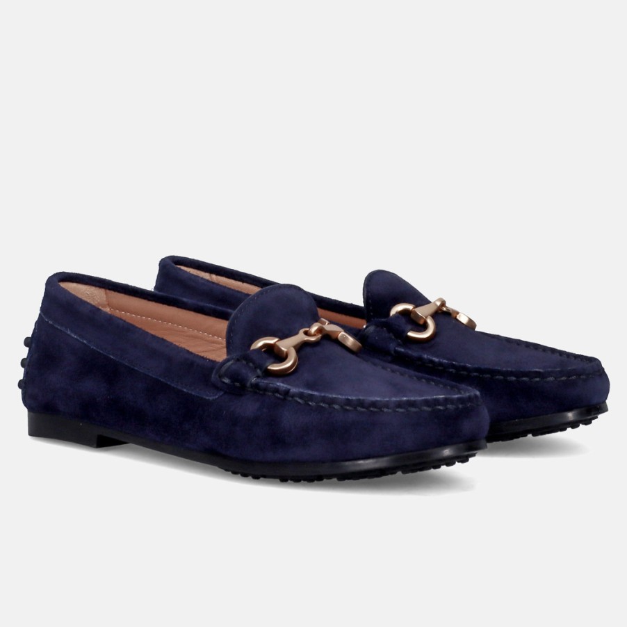 Frauen SANGIORGIO Slipper | Rossano Bisconti Damen-Mokassins Aus Blauem Wildleder Mit Goldener Klammer