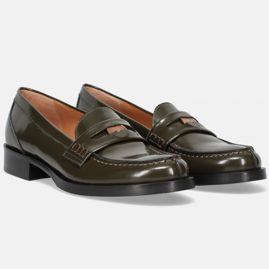 Frauen SANGIORGIO Slipper | Le Claire Penny Loafer Aus Grunem Geburstetem Leder