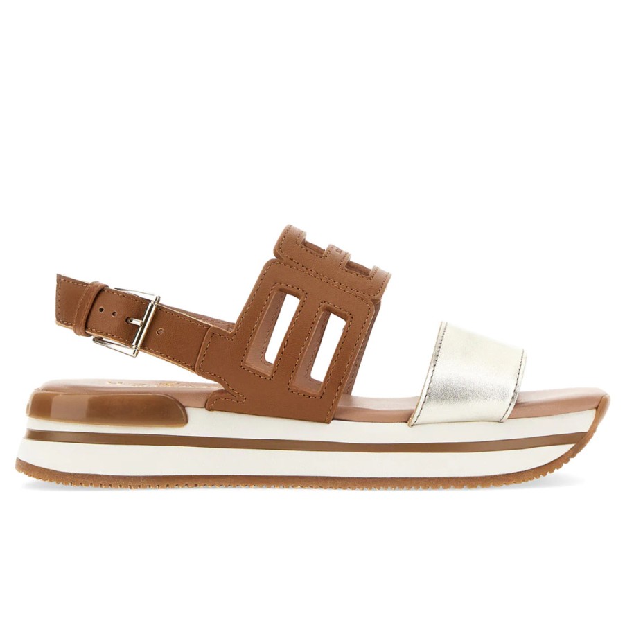 Frauen SANGIORGIO Sandalen | Hogan H222 Braune Und Goldene Damensandale Aus Leder