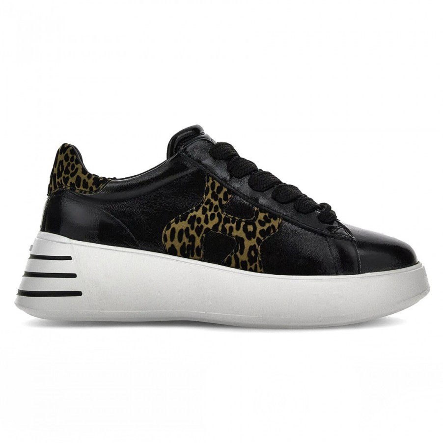 Frauen SANGIORGIO Turnschuhe | Hogan Rebel H564 Schwarzer Sneaker Aus Lackleder Mit Leopardendetails