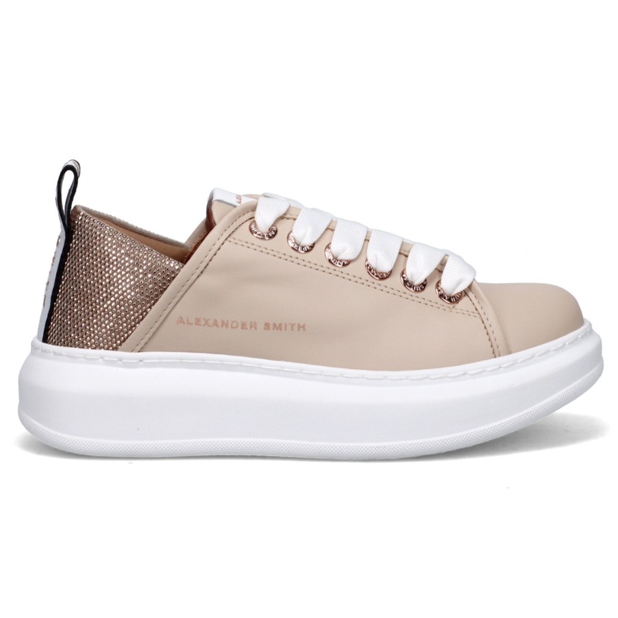 Frauen SANGIORGIO Turnschuhe | Alexander Smith Wembley-Sneaker Aus Beigem Leder Und Bronzefarbenem Glitzer