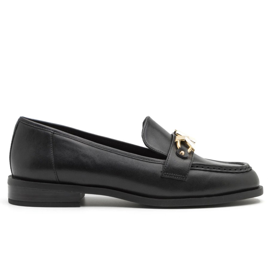 Frauen SANGIORGIO Slipper | Michael Kors Tiegan Schwarzer Loafer Mit Goldenem Mk-Logo