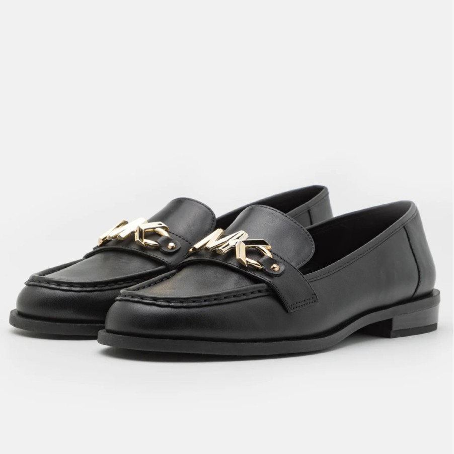 Frauen SANGIORGIO Slipper | Michael Kors Tiegan Schwarzer Loafer Mit Goldenem Mk-Logo