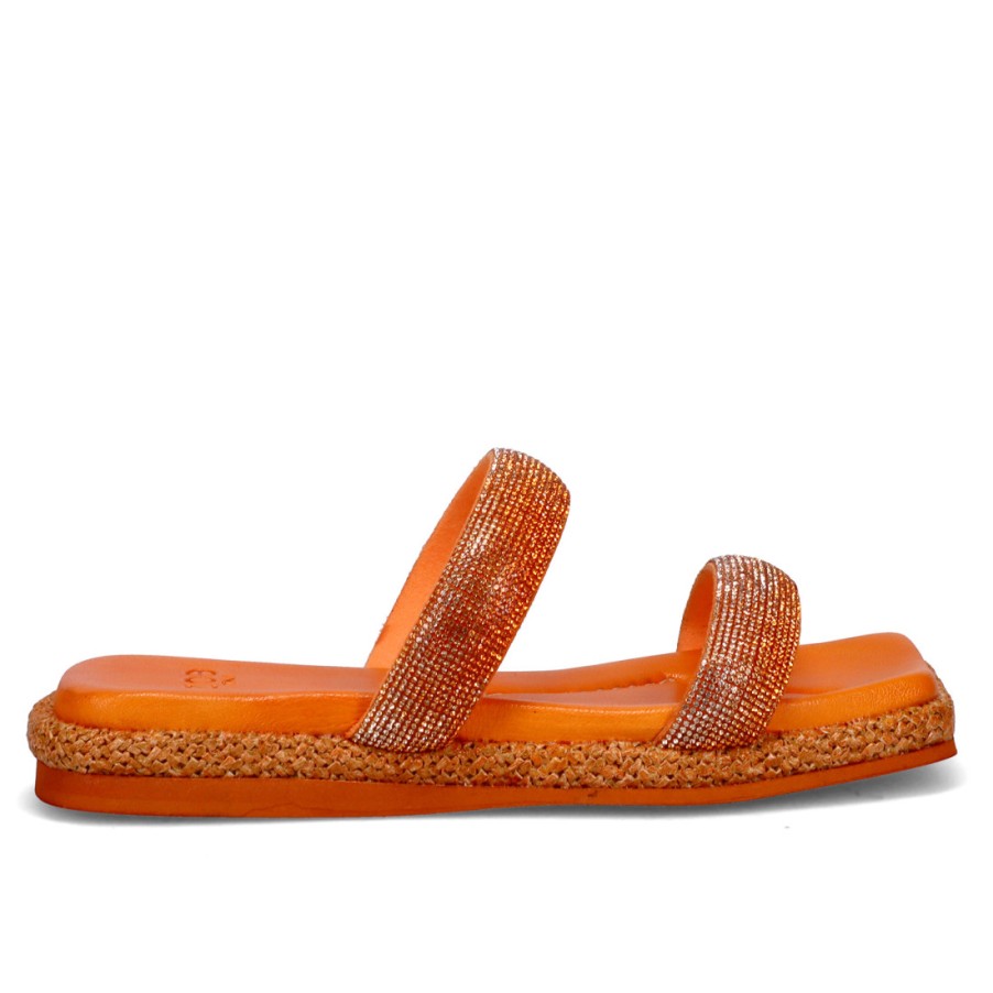 Frauen SANGIORGIO Sandalen | Zoe Flor 01 Orange Slipper Aus Leder Mit Strasssteinen