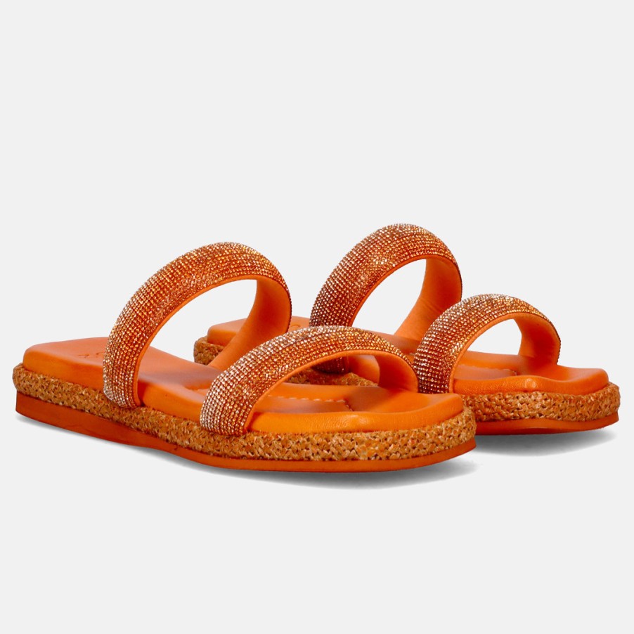 Frauen SANGIORGIO Sandalen | Zoe Flor 01 Orange Slipper Aus Leder Mit Strasssteinen