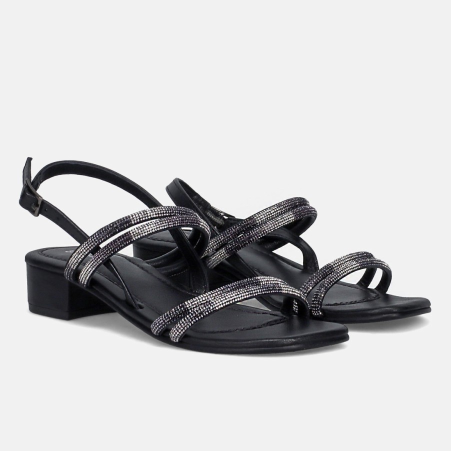 Frauen SANGIORGIO Sandalen | Schwarze Fusion-Sandale Mit Strasssteinen Und Bequemem Absatz