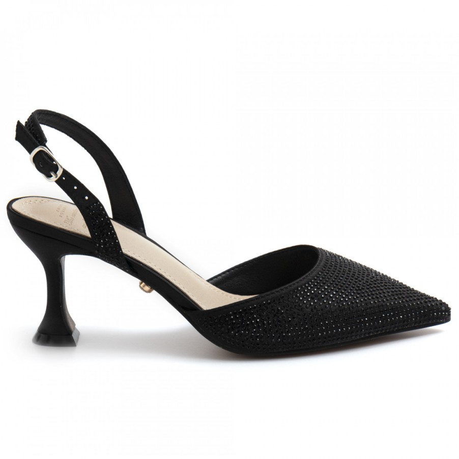 Frauen SANGIORGIO Pumps | Twenty Fourhaitch Vera Slingbacks Aus Schwarzem Satin Mit Strasssteinen