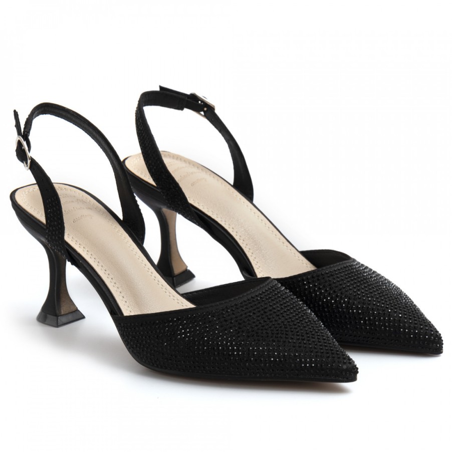 Frauen SANGIORGIO Pumps | Twenty Fourhaitch Vera Slingbacks Aus Schwarzem Satin Mit Strasssteinen