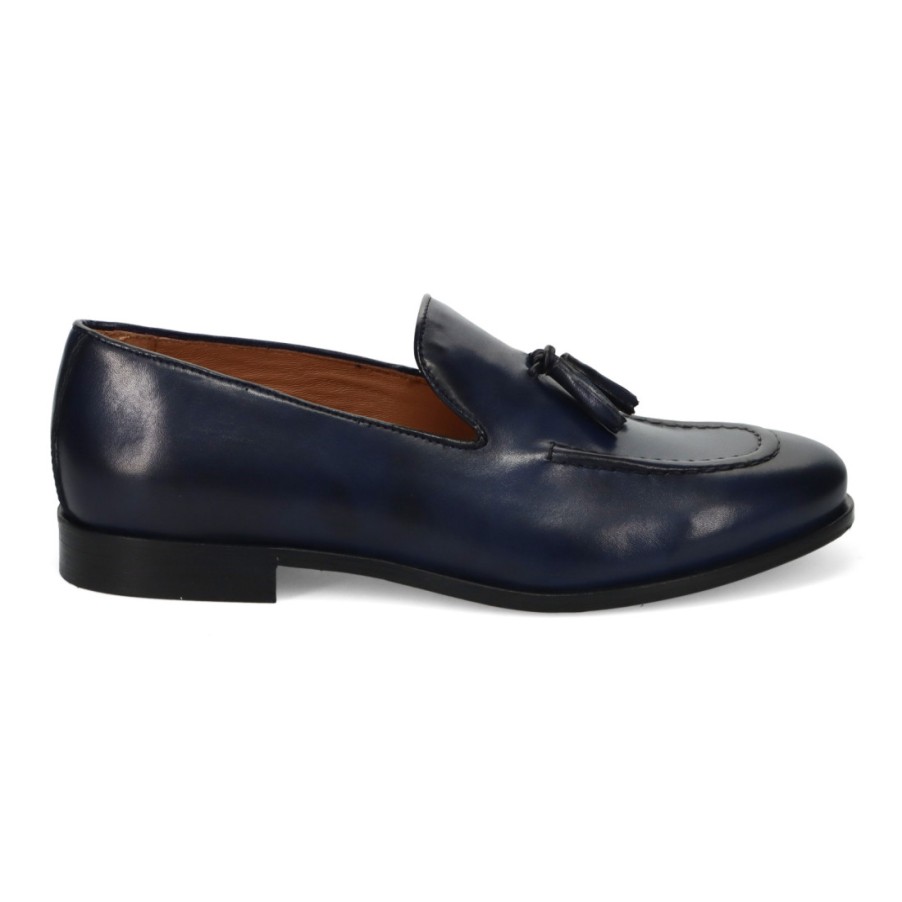 Manner SANGIORGIO Slipper | Sangiorgio Herren-Mokassin Aus Blauem Leder Mit Quasten