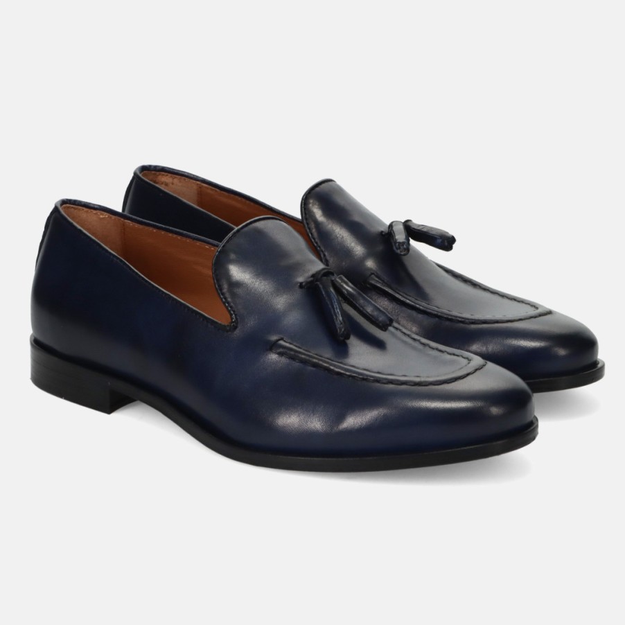 Manner SANGIORGIO Slipper | Sangiorgio Herren-Mokassin Aus Blauem Leder Mit Quasten