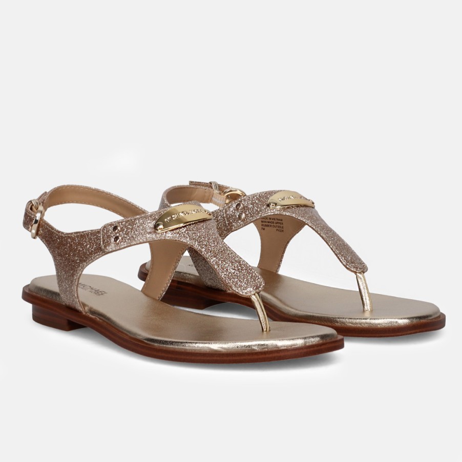 Frauen SANGIORGIO Sandalen | Michael Kors Plate Gold Thong Sandale Aus Leder Mit Plakette Und Logo