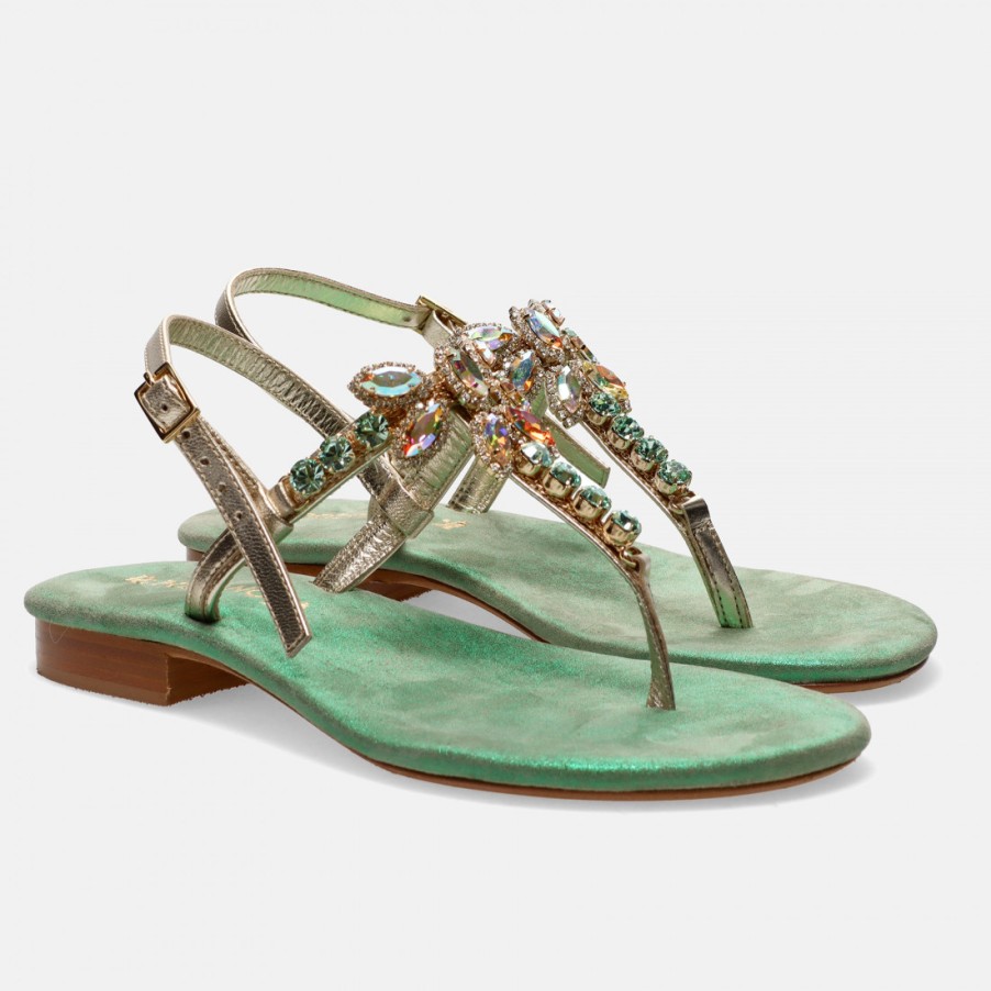 Frauen SANGIORGIO Sandalen | Positano Platin- Und Grune Tanga-Schmucksandalen Mit Strasssteinen