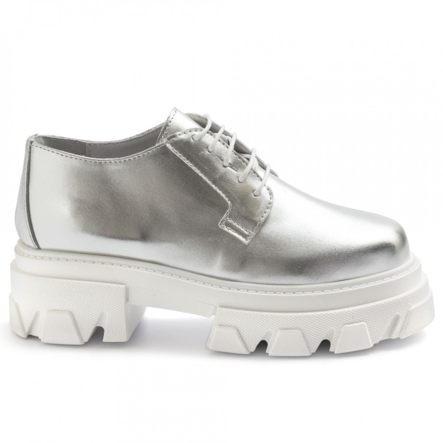 Frauen SANGIORGIO Schnuren | Combat Derby Damenschuhe Aus Silbernem Metallic-Leder