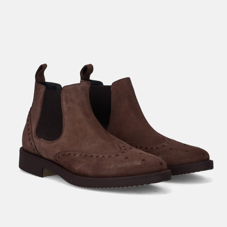 Manner SANGIORGIO Stiefeletten | Antica Cuoieria Chelsea-Brogue-Stiefel Aus Braunem Wildleder