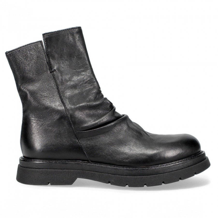 Frauen SANGIORGIO Biker | Vicolo 8 Damen-Stiefelette Aus Schwarzem Gewelltem Leder