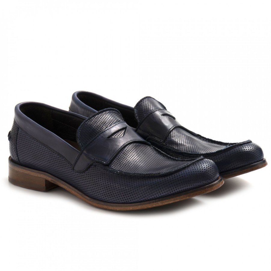 Manner SANGIORGIO Slipper | Jp David Herren-Mokassin Aus Blauem Mikroperforiertem Leder