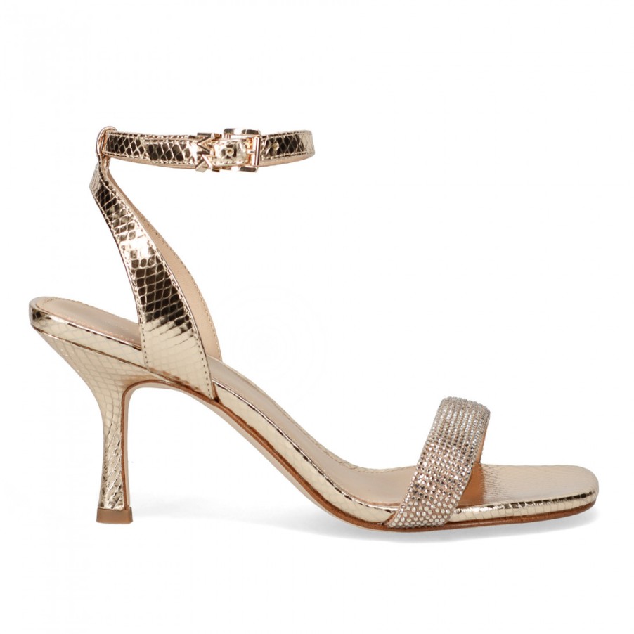 Frauen SANGIORGIO Sandalen | Michael Kors Carrie Gold Sandale Aus Leder Mit Schlangenmuster Und Strasssteinen