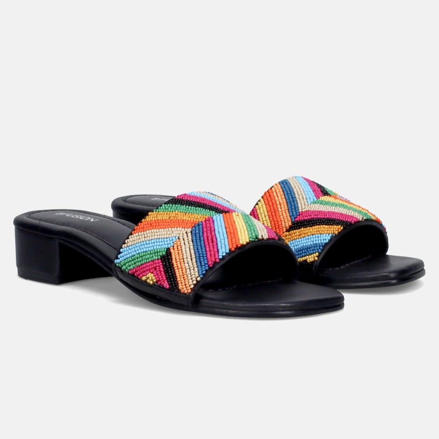 Frauen SANGIORGIO Sandalen | Fusion Schwarzer Slipper Mit Farbigen Perlen Und Bequemem Absatz