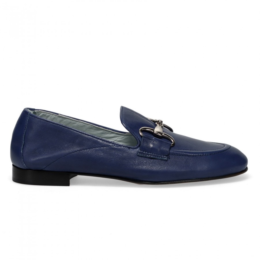 Frauen SANGIORGIO Slipper | Poesie Veneziane Damen-Mokassins Aus Blauem Leder Mit Horsebit