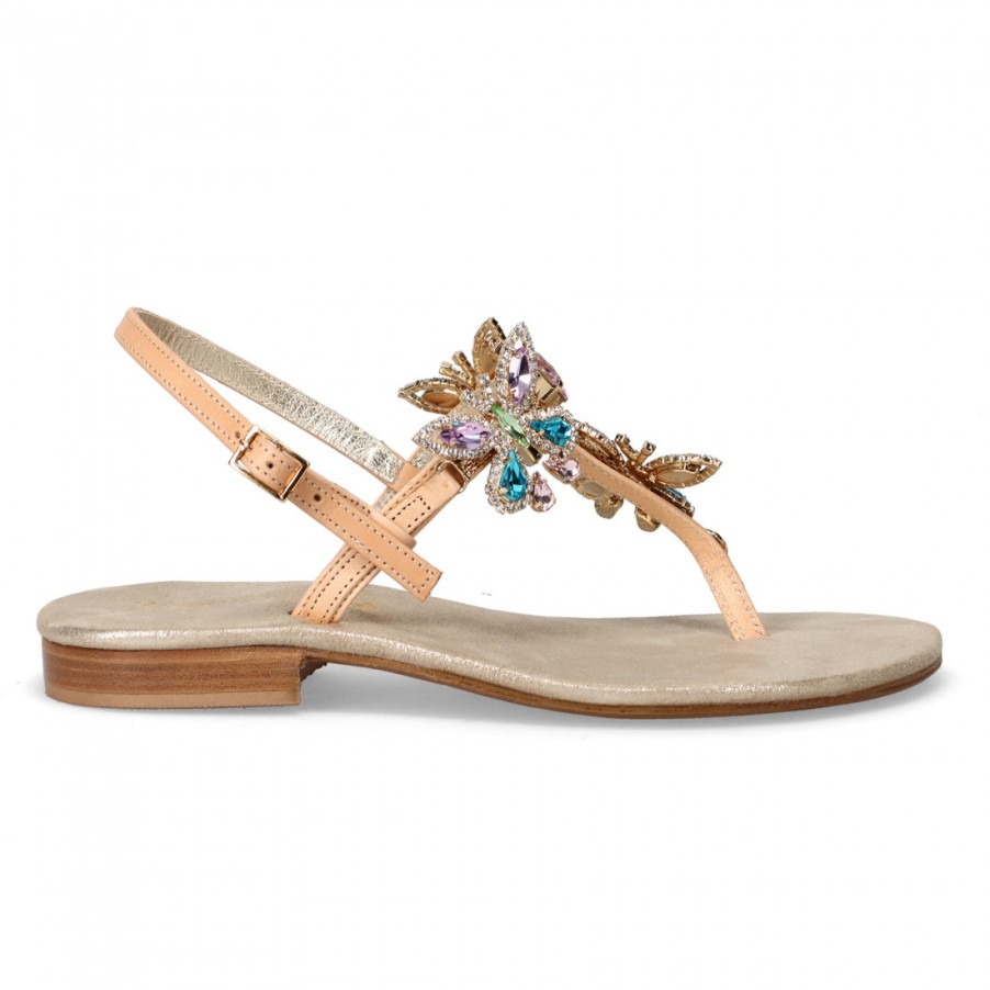 Frauen SANGIORGIO Sandalen | Positano Beige Zehenstegsandale Mit Strass-Schmetterlingen