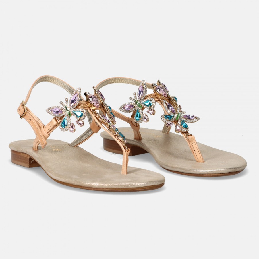 Frauen SANGIORGIO Sandalen | Positano Beige Zehenstegsandale Mit Strass-Schmetterlingen